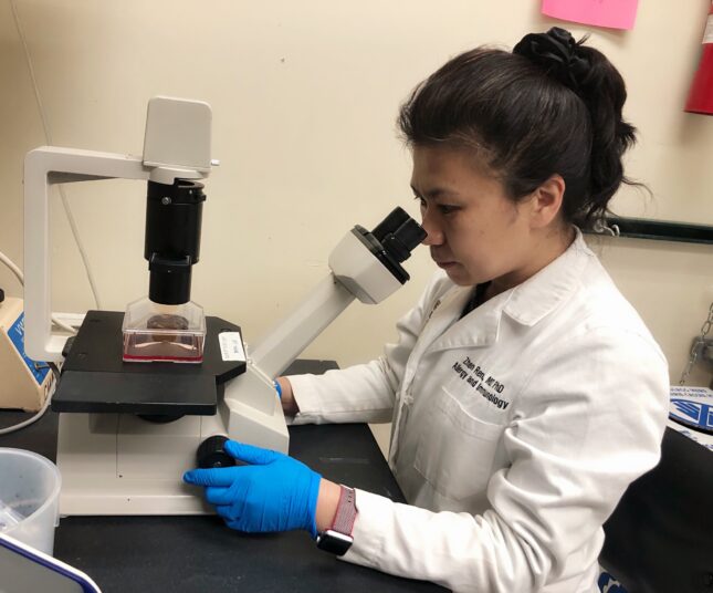 Photo of Zhen Ren, MD, PhD in her lab, looking through a microscope.